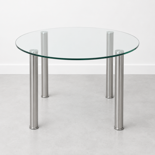 Round Glass Dining Table with Brushed Stainless Steel Leg